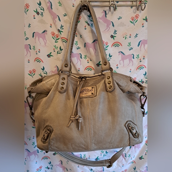 EUC GORGEOUS Bayside Ginevra Grey Pebble Leather XL Neutral Boho Purse Bag - Picture 1 of 15